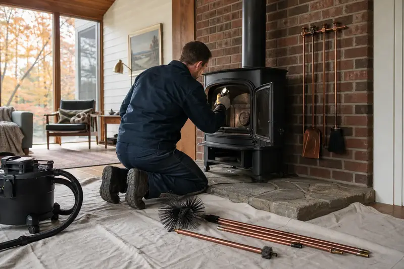 A technician holding an inspection light at a cast-iron wood stove on a stone hearth pad, a brush kit waiting on the drop cloth; illustrative image