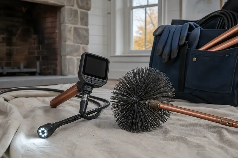 An inspection camera and a rotary chimney brush side by side on a drop cloth; illustrative image
