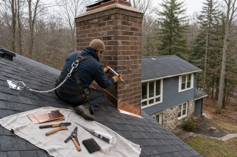 A harnessed technician sealing the step flashing where a tall brick chimney on a steep gable roof meets the roof; illustrative image