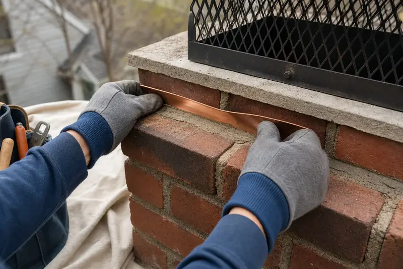 Gloved hands fitting counter-flashing into a mortar joint on a brick chimney; illustrative image