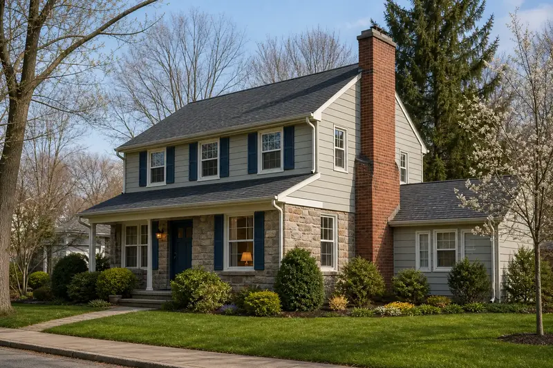 A 1960s two-story suburban house with a red brick chimney with a concrete crown rising above a steep roof; illustrative image