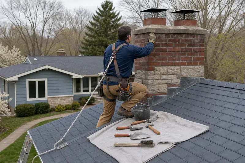 A harnessed mason examining the upper courses of a two-flue brick chimney on a slate roof with a gloved hand; illustrative image