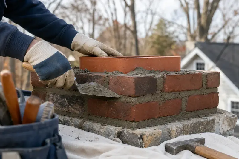 Newly laid brick courses and fresh mortar at a chimney top, seen up close; illustrative image