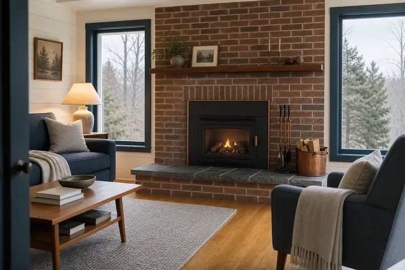 A living room with a gas insert set in a brick opening seen straight on, its opening, hearth and surround clear; illustrative image