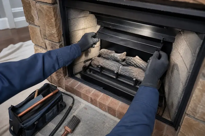 The firebox, damper and hearth of a vented gas log set in a masonry firebox, seen up close; illustrative image