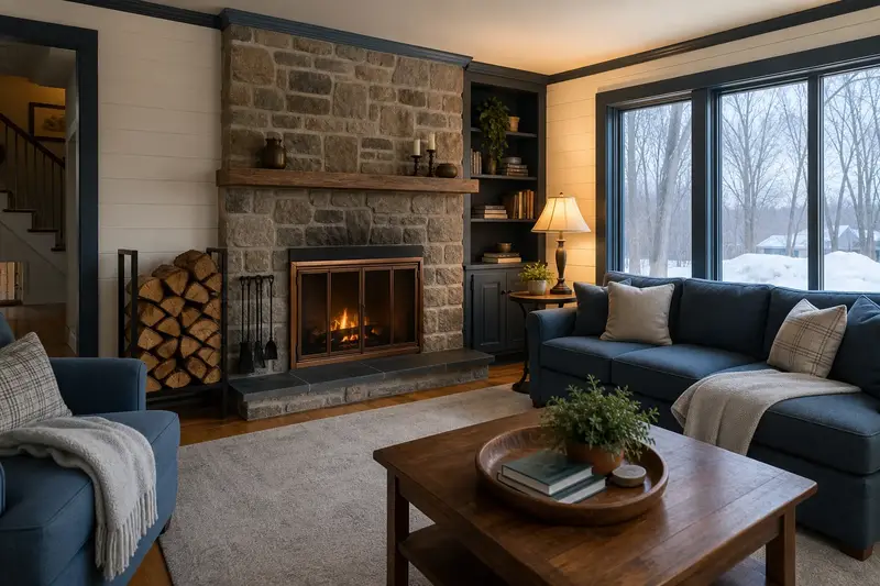 A prepared hearth room with a factory-built wood-burning fireplace with a stone facing, seasoned firewood in a rack and a clear hearth; illustrative image