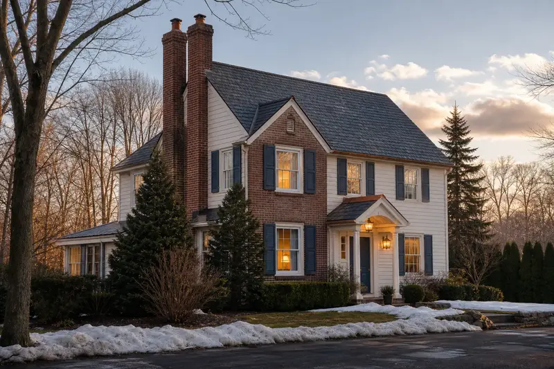 A 1990s two-story suburban house with a two-flue brick chimney on a slate roof and warm windows as the heating season begins; illustrative image