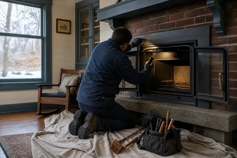 A technician checking the damper of a wood-burning insert in a brick opening by flashlight before winter, the fireplace cold; illustrative image