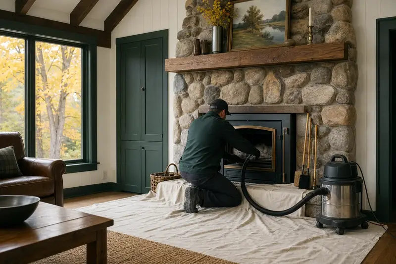 A technician kneeling at a wood-burning insert in a brick opening with a sealed vacuum and drop cloths, the fireplace cold and unlit; illustrative image