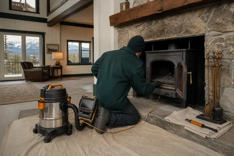 A technician guiding an inspection camera into the firebox of a cast-iron wood stove on a stone hearth pad, the fireplace cold and unlit; illustrative image
