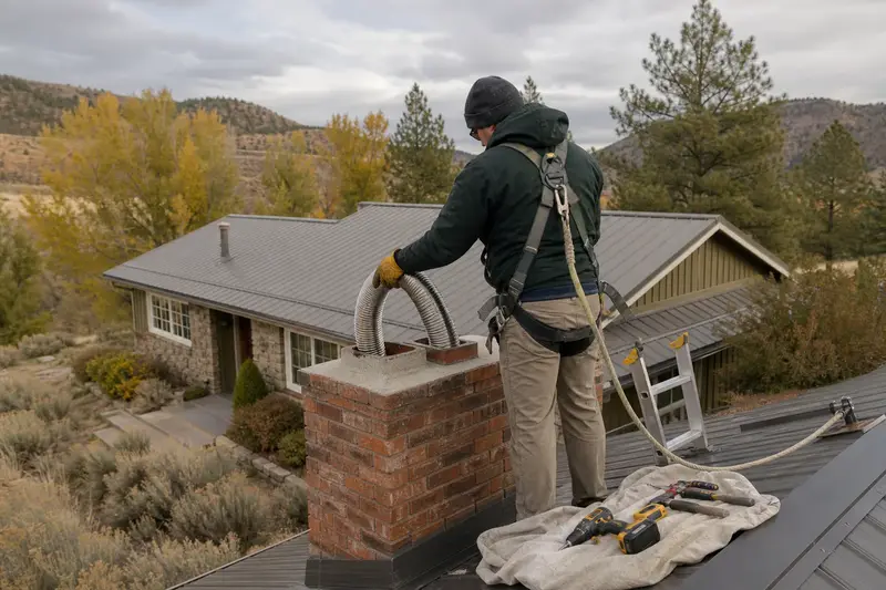 A harnessed technician guiding a flexible stainless steel liner down into the flue at the top of a two-flue brick chimney on a steep gable roof; illustrative image