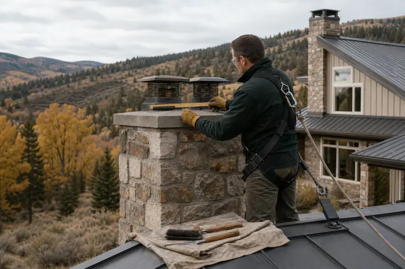 A harnessed mason measuring the crown of a fieldstone chimney on a metal roof with a folding rule; illustrative image