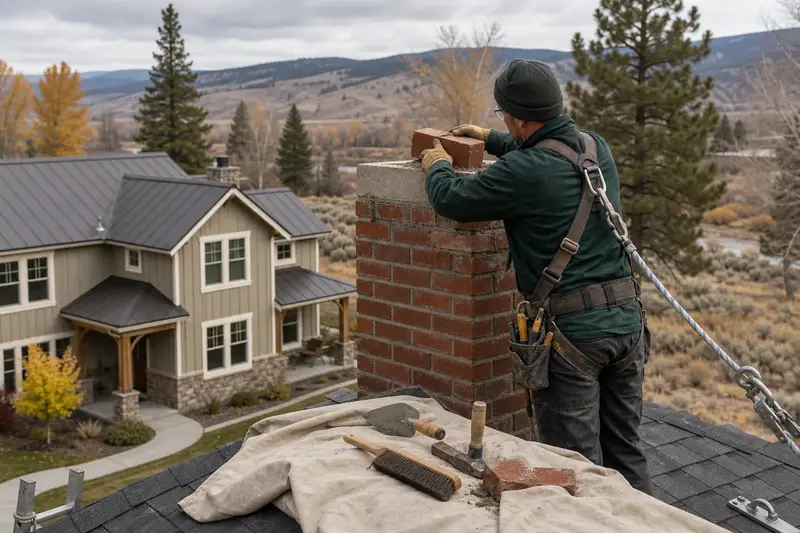 A harnessed mason setting a replacement brick near the top of a brick chimney with a concrete crown on an asphalt shingle roof; illustrative image