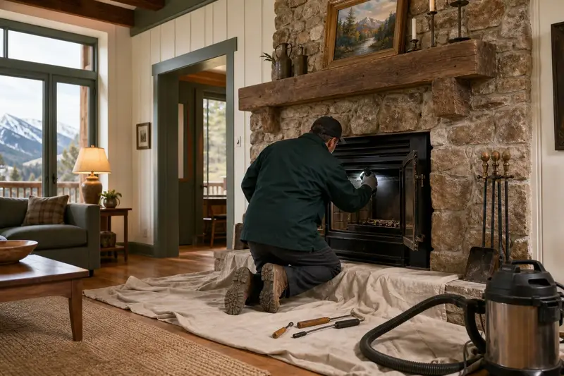 A technician checking the damper and smoke chamber of a wood-burning insert in a brick opening by flashlight, the fireplace cold; illustrative image