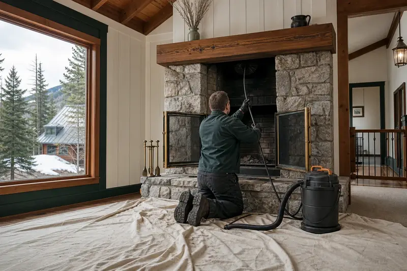 A technician feeding a rotary chimney brush up the flue of a factory-built wood-burning fireplace with a stone facing, drop cloths and a sealed vacuum on the hearth; illustrative image
