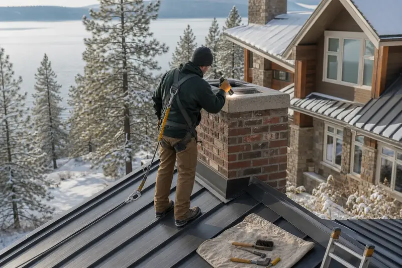 A harnessed technician examining the top of a brick chimney with a concrete crown on a metal roof with a flashlight from a dry roof surface; illustrative image