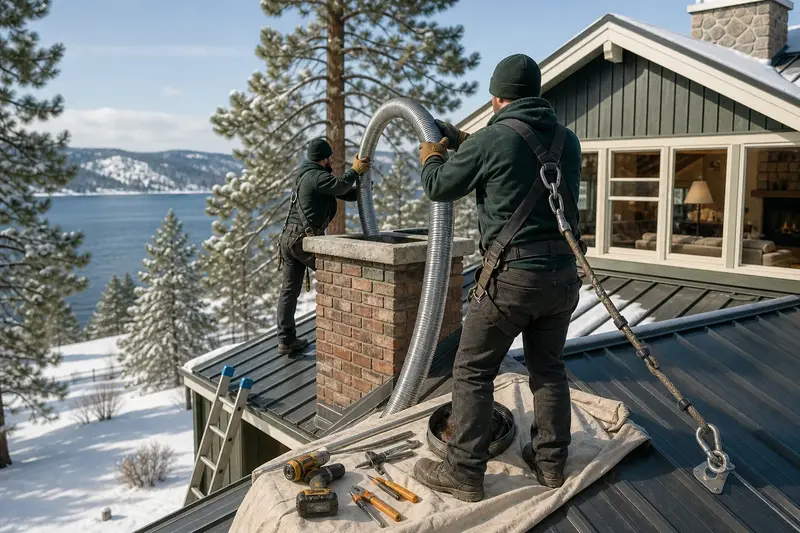 Two harnessed technicians feeding a stainless steel liner into a brick chimney with a concrete crown on a metal roof from a dry roof; illustrative image