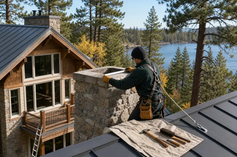 A harnessed mason measuring the crown of a granite stone chimney on a metal roof with a folding rule; illustrative image