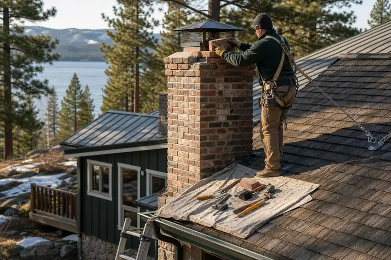 A harnessed mason setting a replacement brick near the top of a brick chimney with a spark arrestor cap on a cedar shake roof; illustrative image