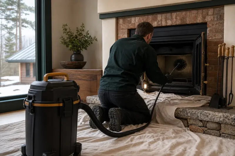 A technician brushing the flue of a wood-burning insert in a brick opening from the firebox, drop cloths and a sealed vacuum in place; illustrative image
