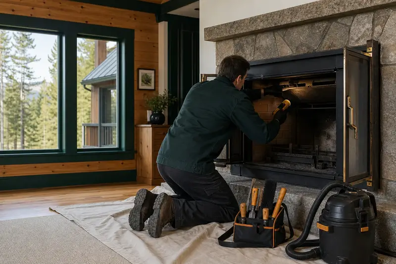 A technician checking the damper and smoke chamber of a wood-burning insert in a brick opening by flashlight, the fireplace cold; illustrative image