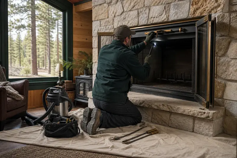 A technician adjusting the damper handle of a factory-built wood-burning fireplace with a stone facing by flashlight, the fireplace cold; illustrative image