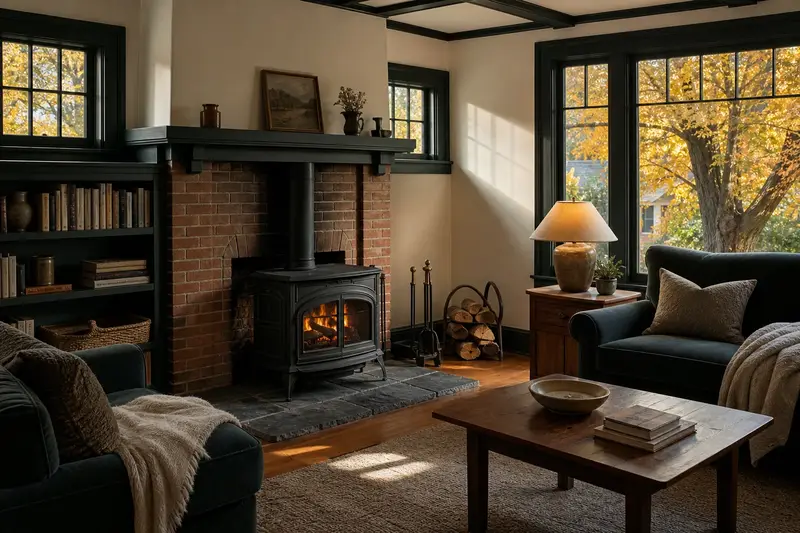 A lived-in family room with a cast-iron wood stove on a stone hearth pad, books on built-in shelves and a lamp lit, no one present; illustrative image