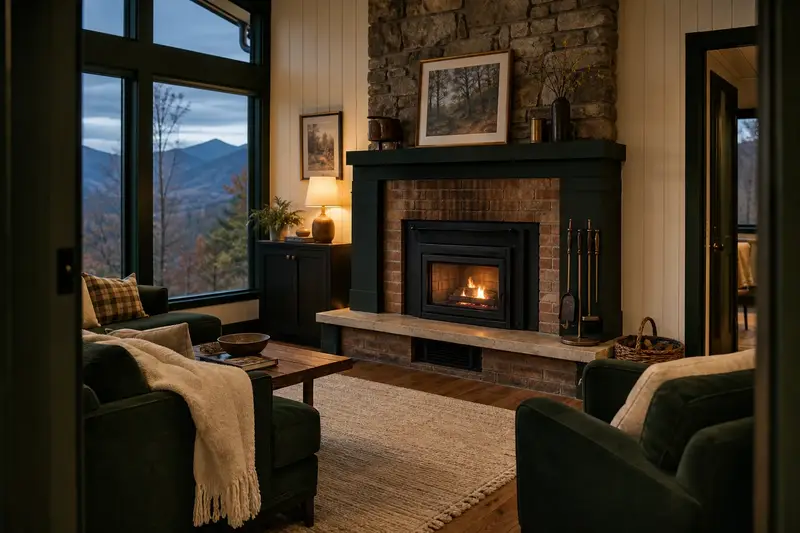 A clean hearth room with a wood-burning insert in a brick opening and fireplace tools on a stand; illustrative image