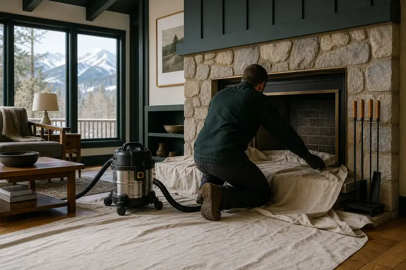 A technician setting drop cloths and a sealed vacuum in front of a factory-built wood-burning fireplace with a stone facing before a cleaning; illustrative image