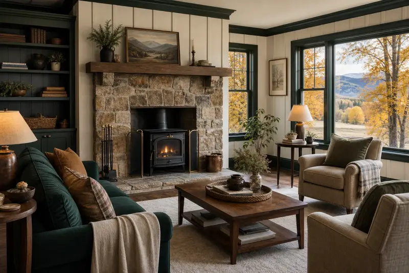 A hearth room with a cast-iron wood stove on a stone hearth pad, a clear hearth and soft window light; illustrative image