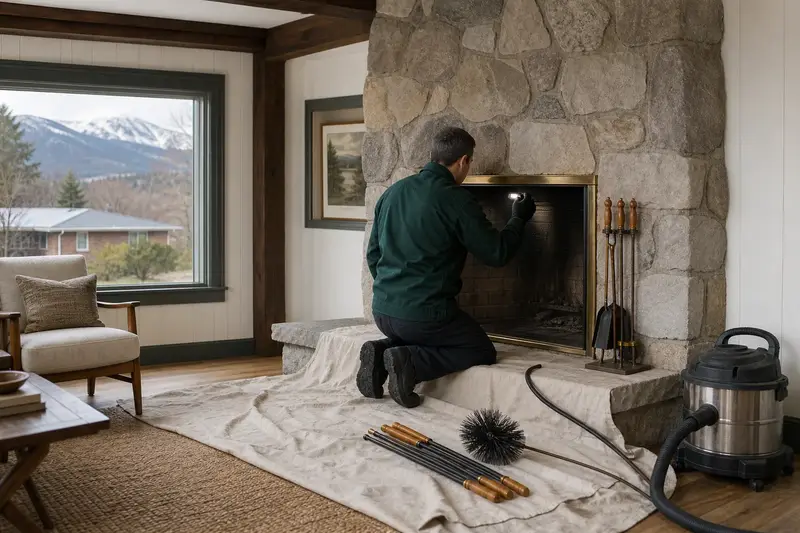 A technician holding an inspection light at an open masonry wood-burning fireplace, a brush kit waiting on the drop cloth; illustrative image