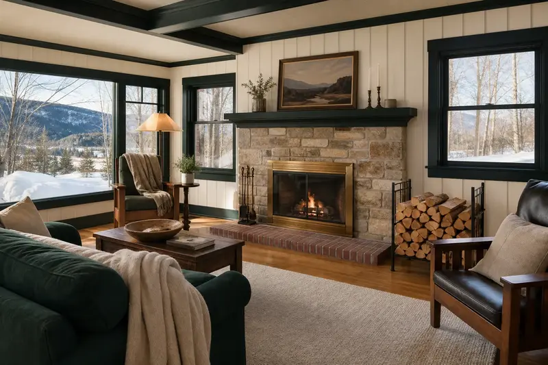 A prepared hearth room with a factory-built wood-burning fireplace with a stone facing, seasoned firewood in a rack and a clear hearth; illustrative image
