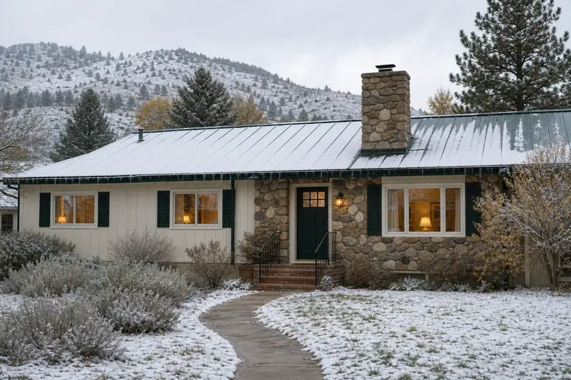 A 1960s ranch house with a stone-veneer front with a fieldstone chimney on a metal roof and warm windows as the heating season begins; illustrative image