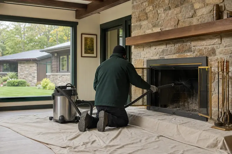 A technician kneeling at a factory-built wood-burning fireplace with a stone facing with a sealed vacuum and drop cloths, the fireplace cold and unlit; illustrative image