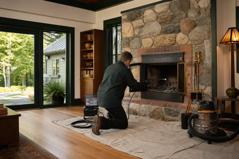 A technician guiding an inspection camera into the firebox of a wood-burning insert in a brick opening, the fireplace cold and unlit; illustrative image