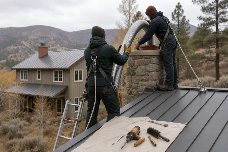 Two harnessed technicians feeding a stainless steel liner into a fieldstone chimney on a metal roof from a dry roof; illustrative image