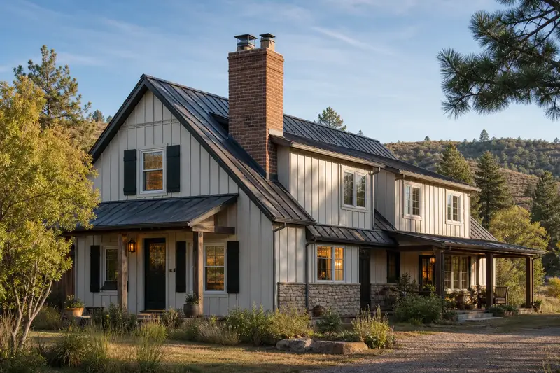 A 1970s two-story house with board-and-batten siding with a two-flue brick chimney on a steep gable roof rising above the roof; illustrative image