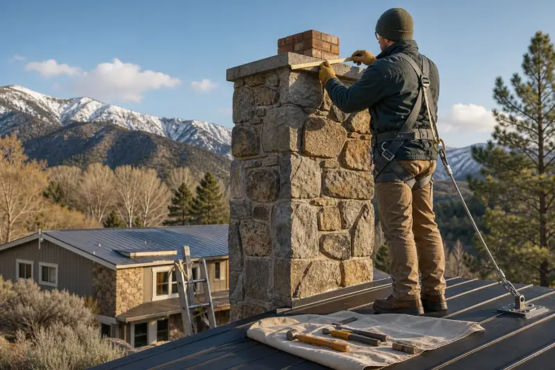A harnessed mason measuring the crown of a fieldstone chimney on a metal roof with a folding rule; illustrative image