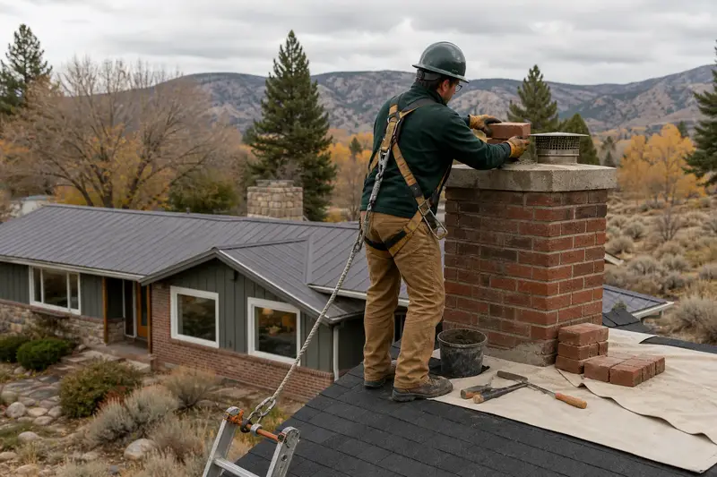 A harnessed mason setting a replacement brick near the top of a brick chimney with a concrete crown on an asphalt shingle roof; illustrative image