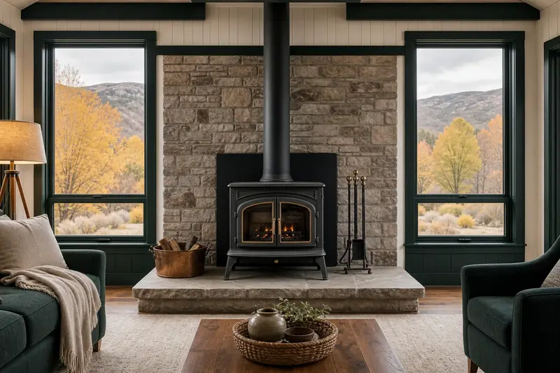 A clean hearth room with a cast-iron wood stove on a stone hearth pad, glass doors closed, in soft daylight; illustrative image