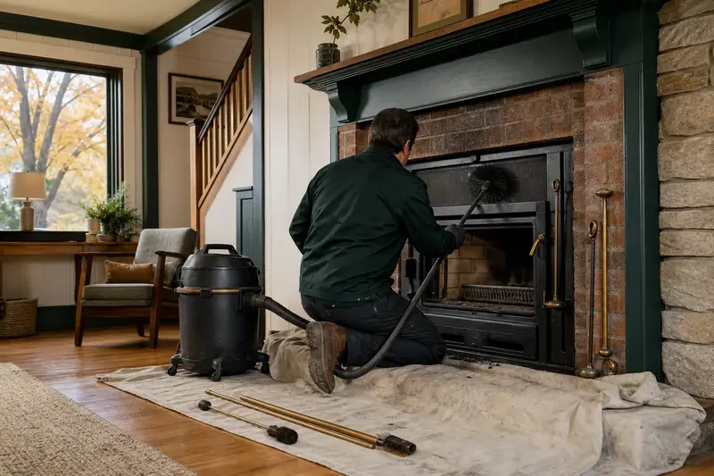 A technician brushing the flue of a wood-burning insert in a brick opening from the firebox, drop cloths and a sealed vacuum in place; illustrative image
