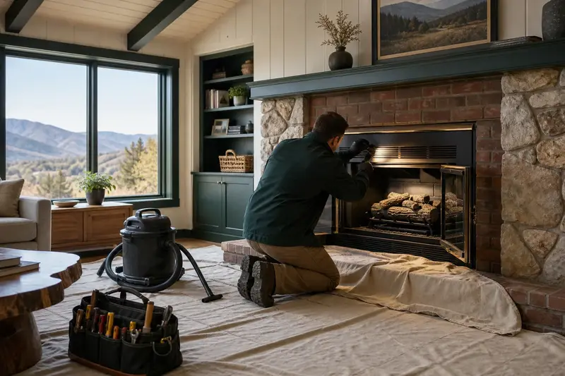 A technician checking the damper of a gas insert set in a brick opening with a flashlight before the heating season, the fireplace cold; illustrative image