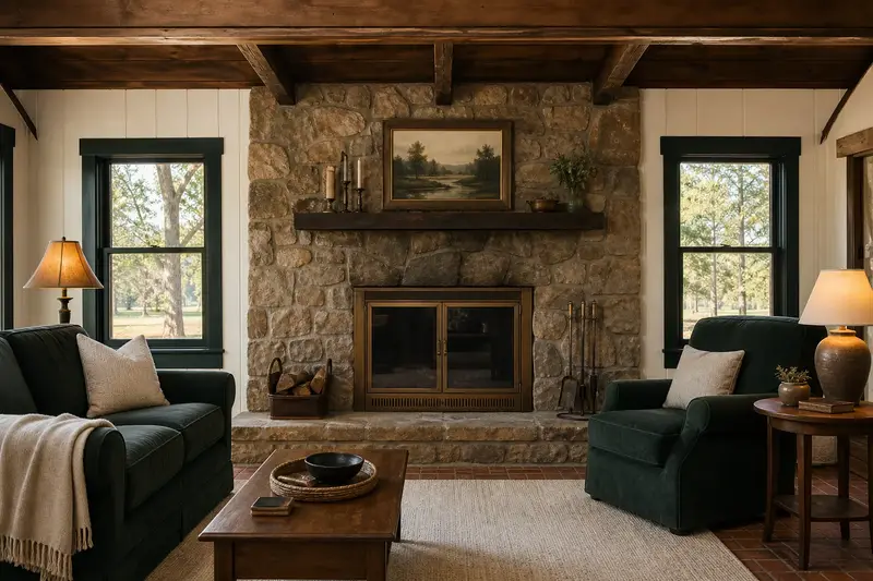 A calm hearth room with a factory-built wood-burning fireplace with a stone facing, glass doors closed and no fire; illustrative image