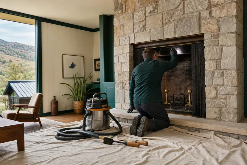 A technician checking the damper and smoke chamber of an open masonry wood-burning fireplace by flashlight, the fireplace cold; illustrative image