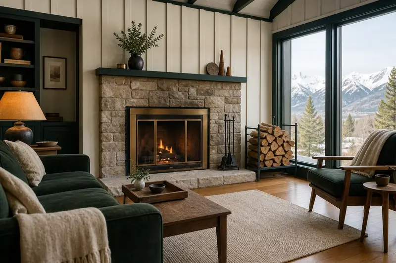 A hearth room with an open masonry wood-burning fireplace, split firewood in a steel rack and a clear hearth; illustrative image