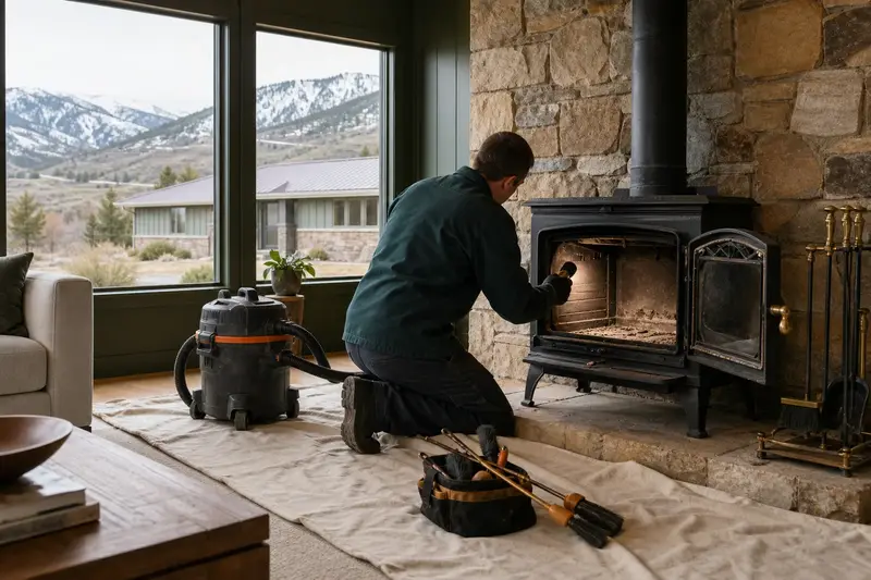 A technician checking the firebox walls of a cast-iron wood stove on a stone hearth pad with a work light, a drop cloth on the hearth; illustrative image