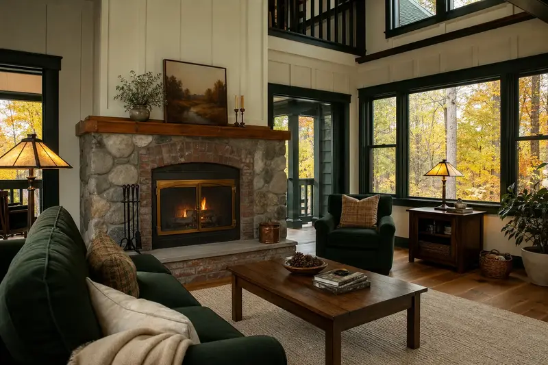 A living room with a wood-burning insert in a brick opening and a small fire behind a screen, no one present; illustrative image
