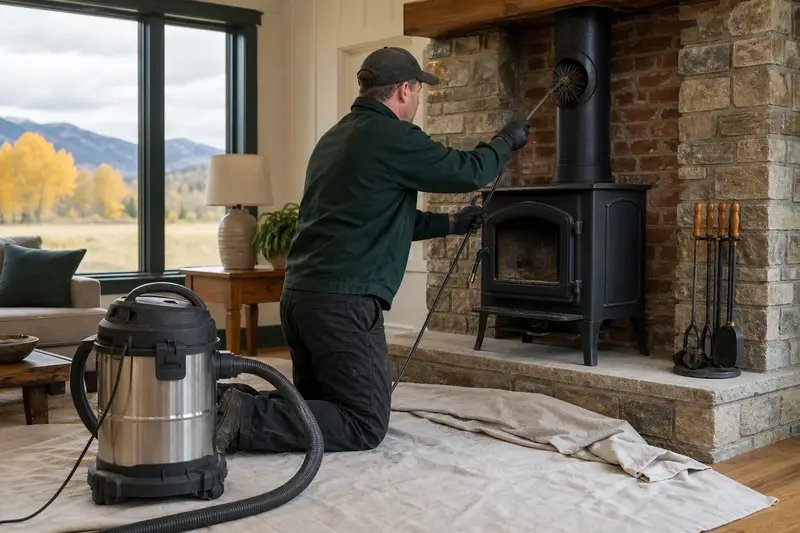 A technician feeding a rotary chimney brush up the flue of a cast-iron wood stove on a stone hearth pad, drop cloths and a sealed vacuum on the hearth; illustrative image