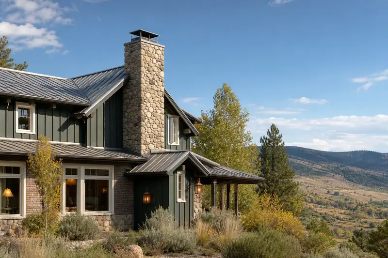 A 2000s mountain modern house with a metal roof with a fieldstone chimney on a metal roof and a stainless steel cap; illustrative image