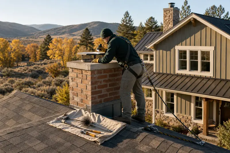 A harnessed technician examining the top of a brick chimney with a concrete crown on an asphalt shingle roof with a flashlight from a dry roof surface; illustrative image